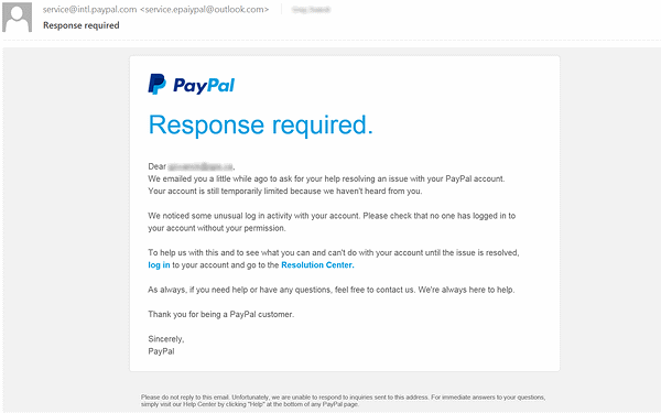 PayPal phishing example